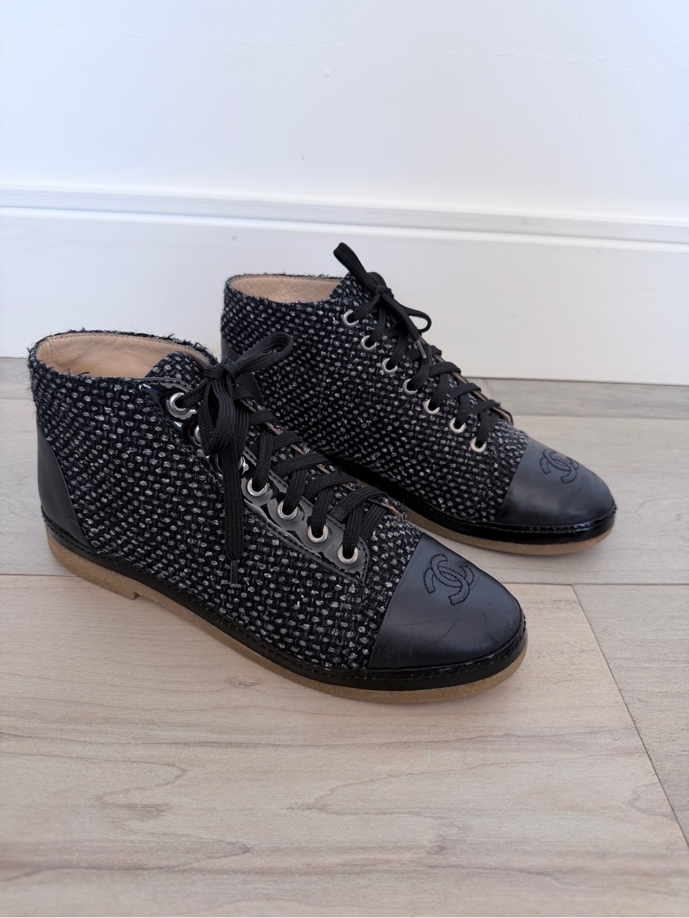 CHANEL Black Tweed Lace-Up Ankle Boots